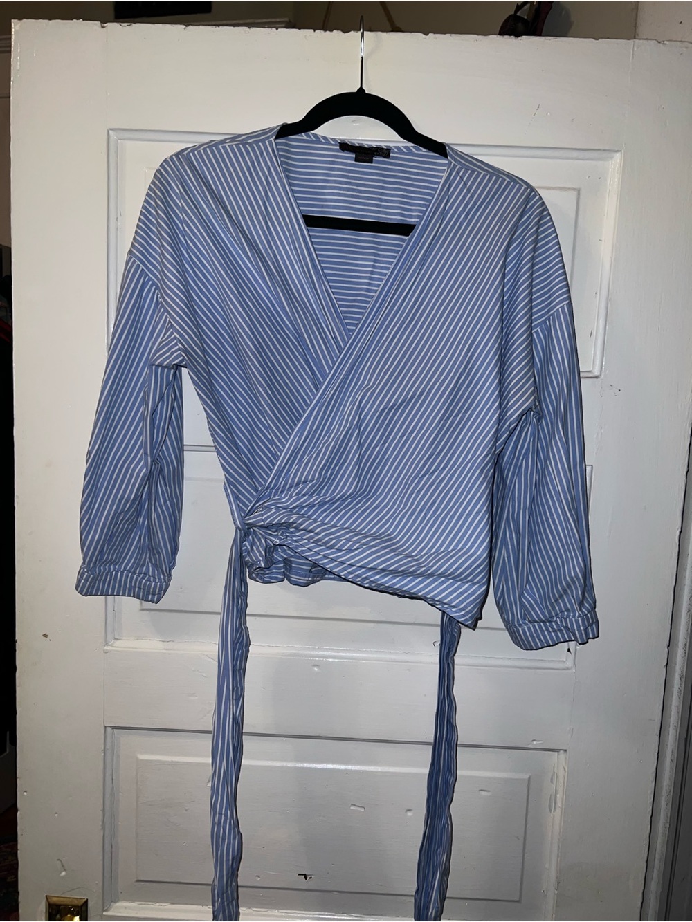 Blue and White Striped Wrap Blouse with Tie Waist
